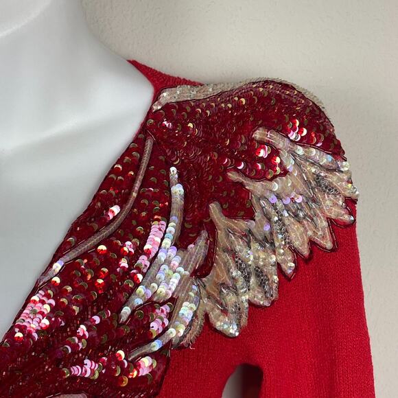 Pat Sandler for Wellmore Dress 12 Red Sweater Sequin Neck Cinch Waist Elegant - Picture 3 of 7